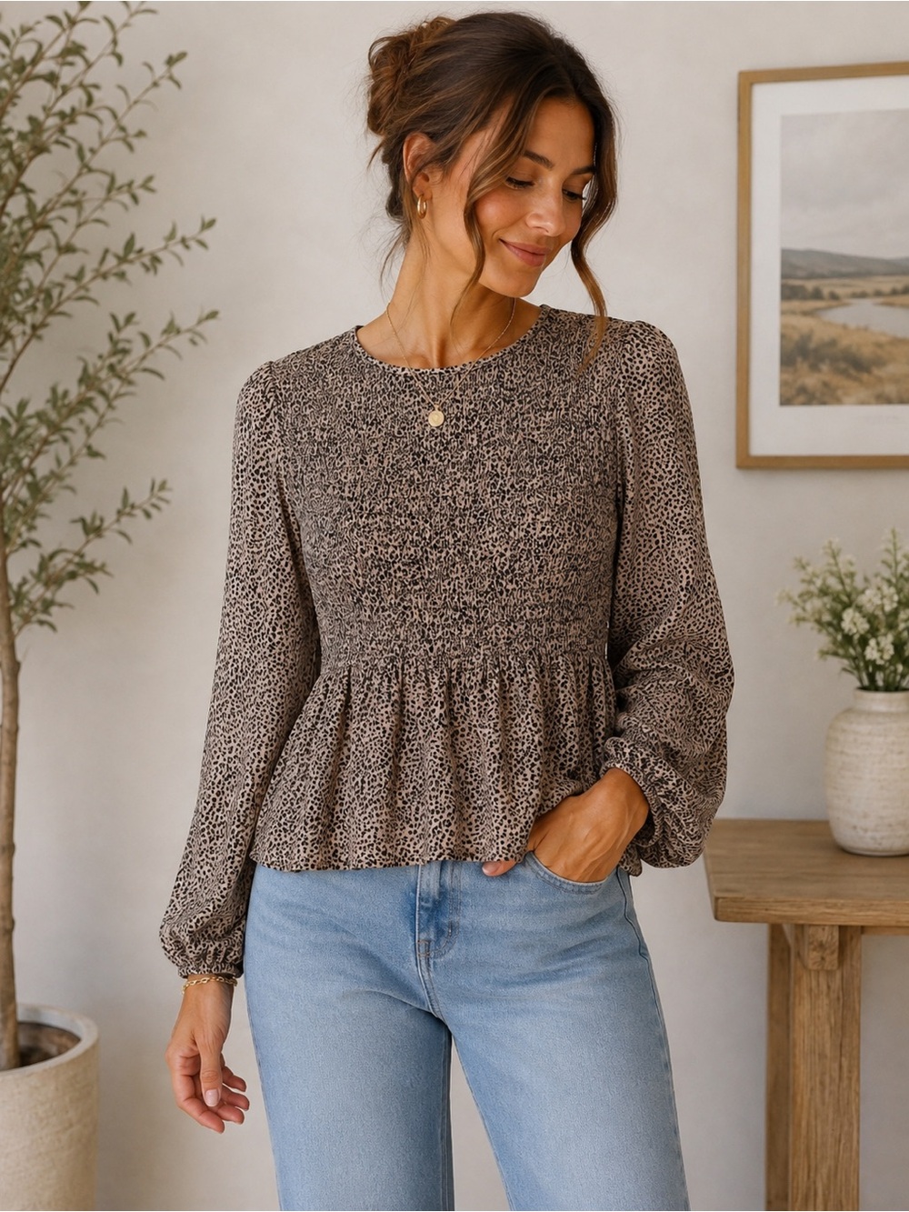 URBAN Romantics Flowy Cottagecore Lightweight Leopard Smocked Peplum Blouse. L